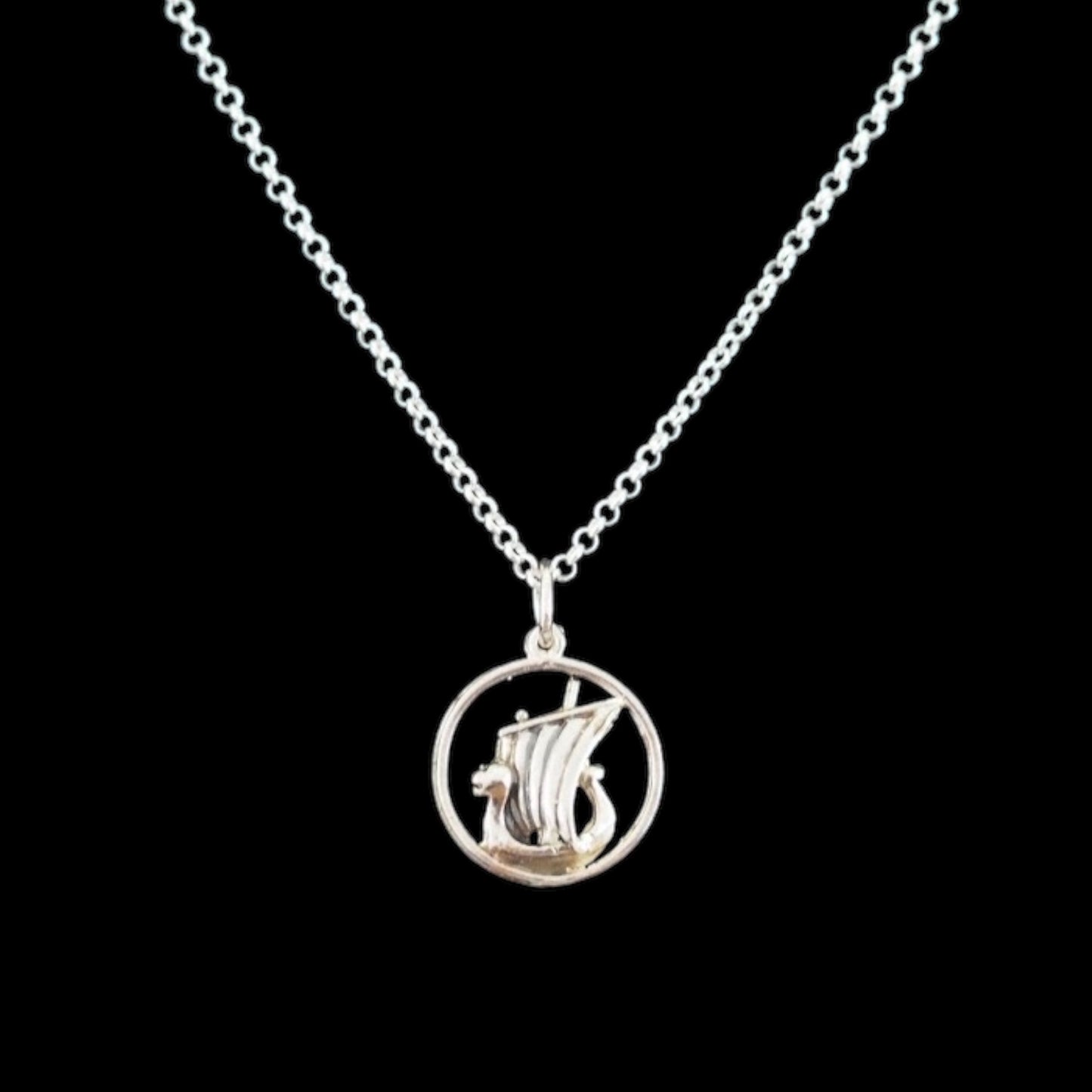 Estonian | Small Round Viking Boat Necklace - 925 Sterling Silver