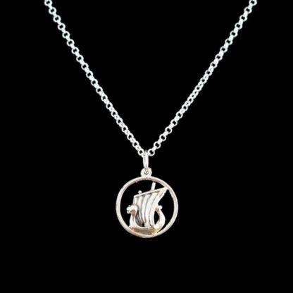 Estonian | Small Round Viking Boat Necklace - 925 Sterling Silver