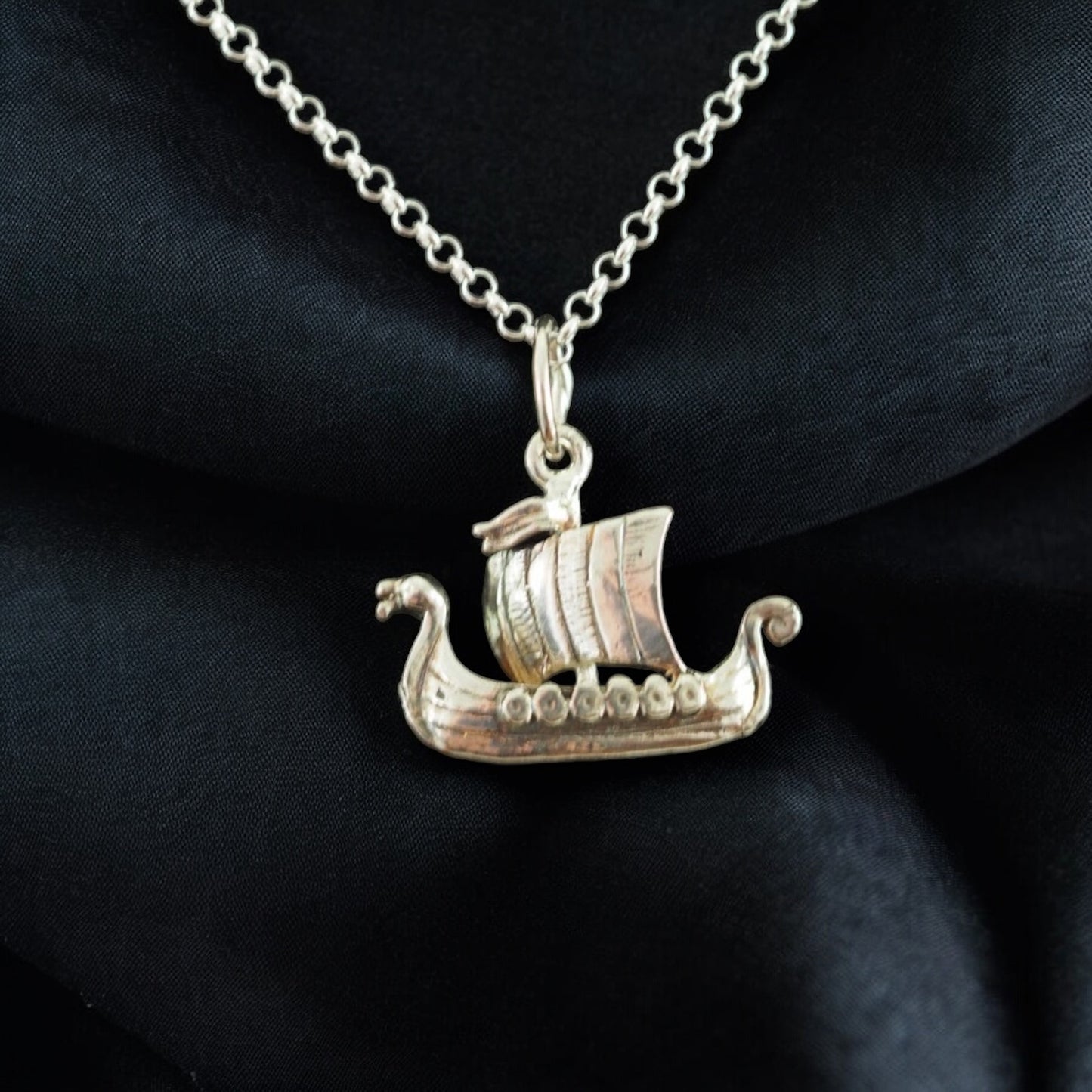 Estonian | Medium-Large Viking Boat with Shields Necklace - 925 Sterling Silver