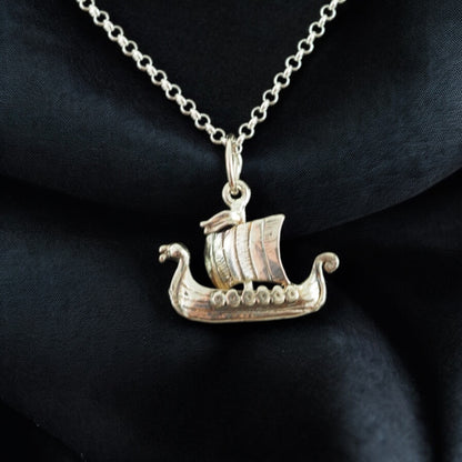 Estonian | Medium-Large Viking Boat with Shields Necklace - 925 Sterling Silver